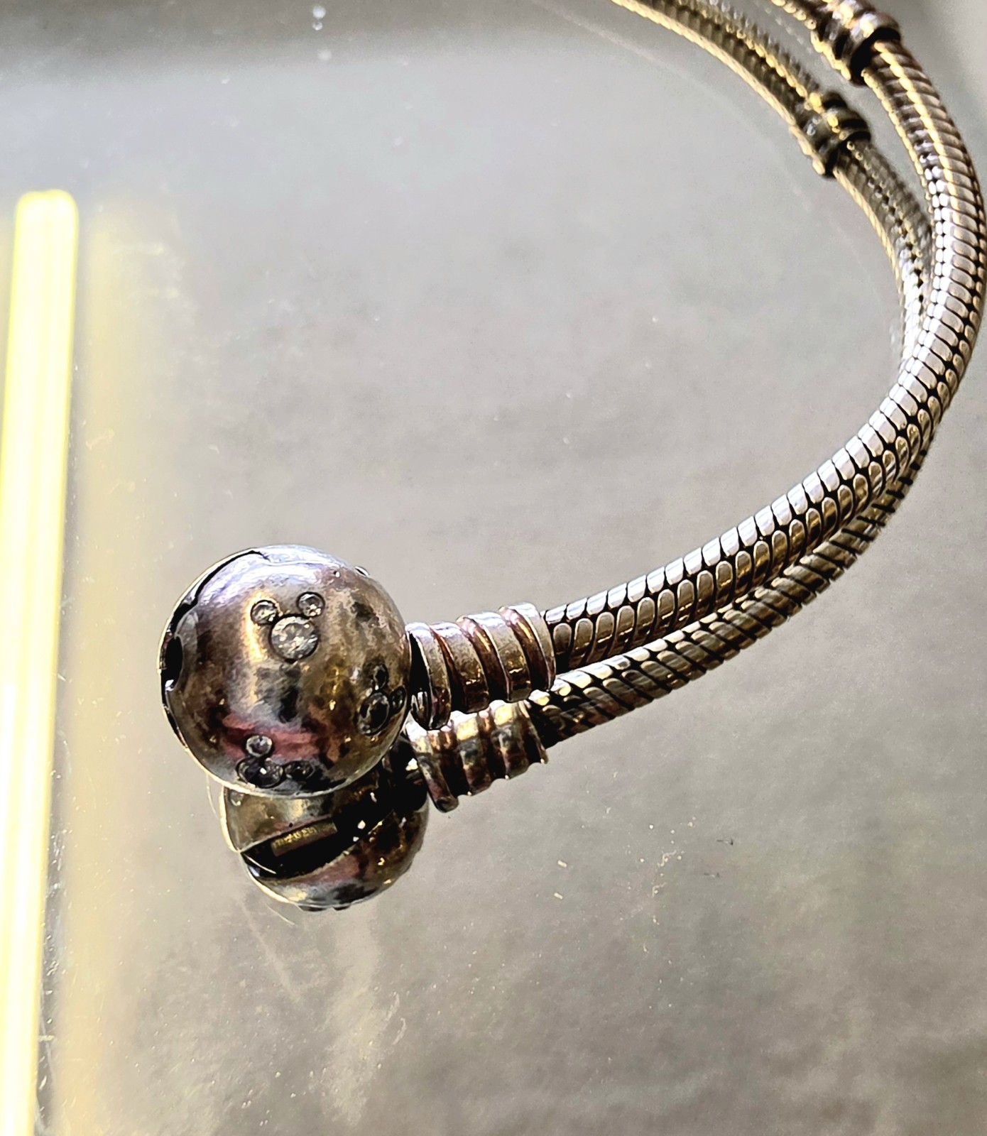 Auth Sterling Pandora Disney Mickey Mouse Cz Snake Chain Charm Bracelet 7 Inch
