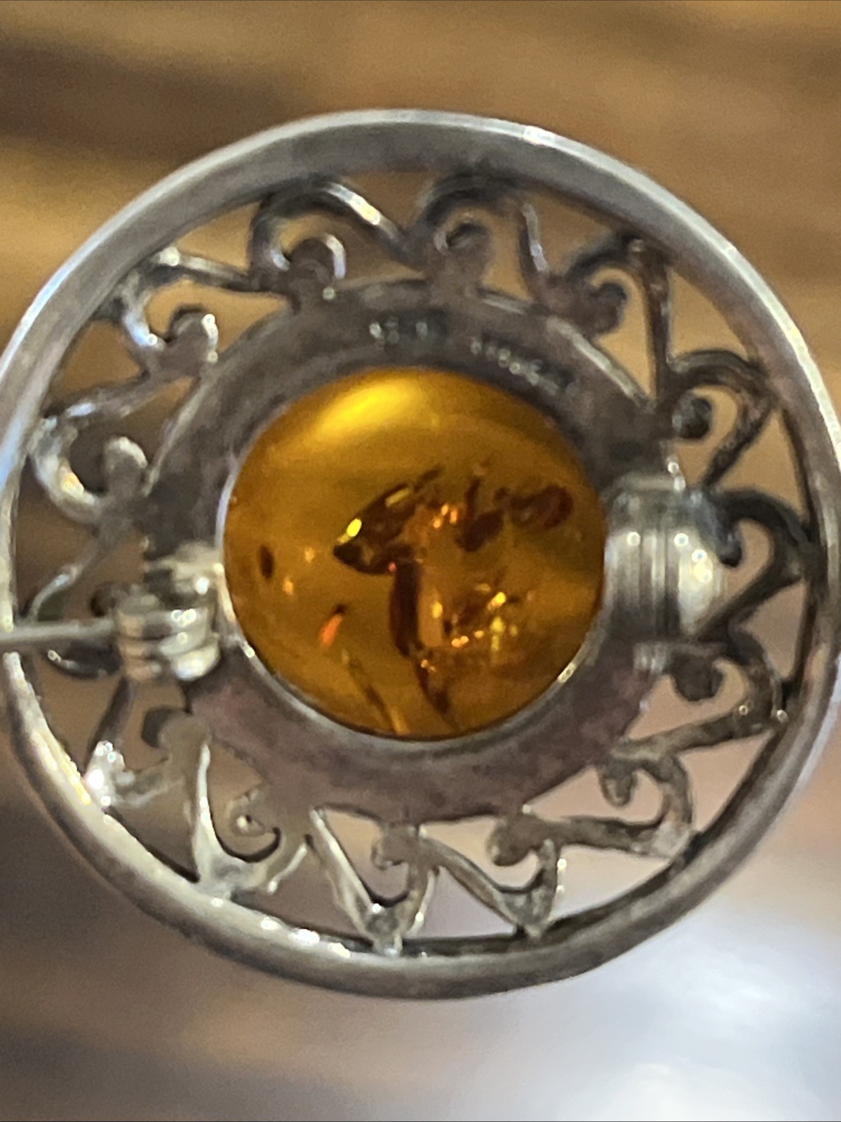 Baltic Amber Sterling Silver 925 Brooch Pin mid-20th century 1 1/8” OOMA