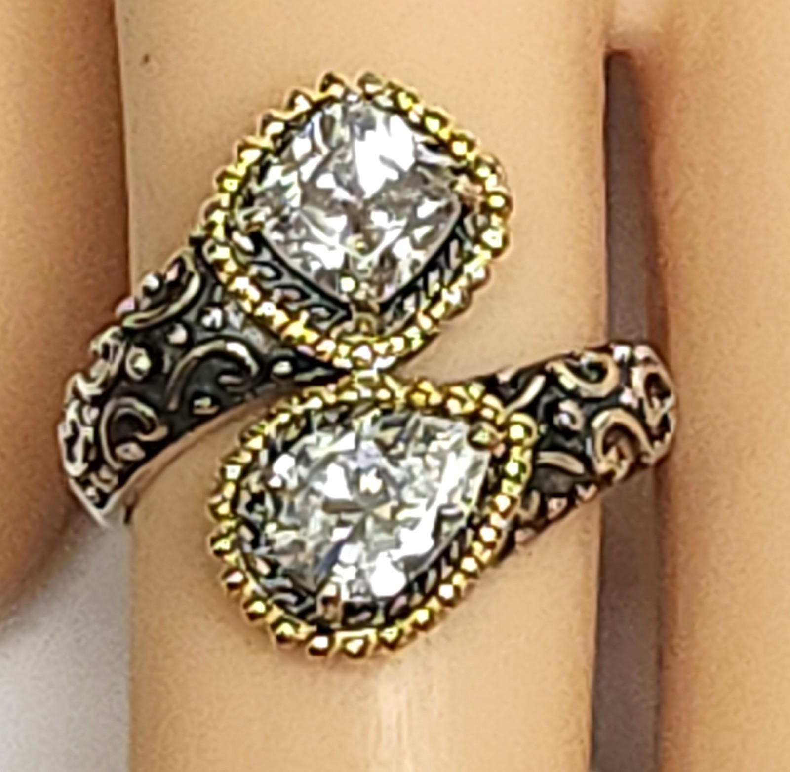 NWT Fuzion Creations White Zircon Sterling Silver Gold Vermeil Bypass Ring 6.5
