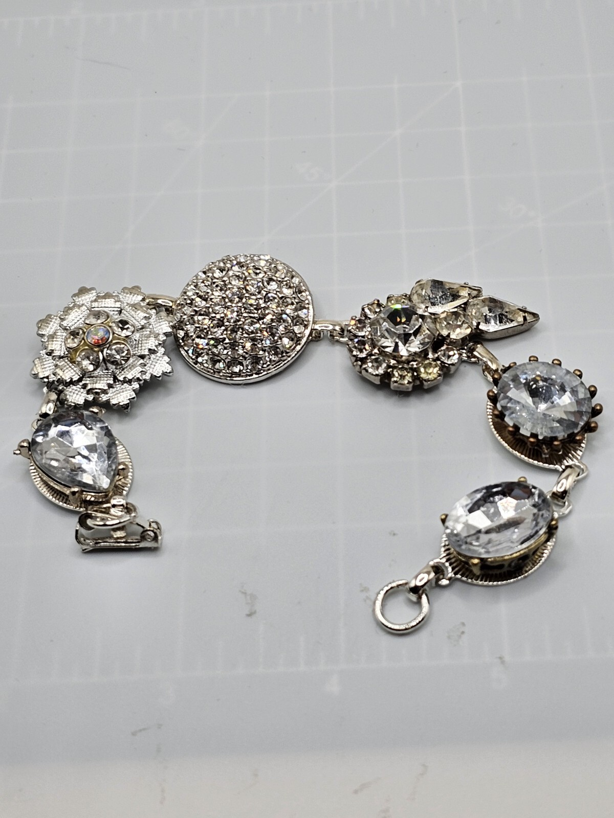 Handmade Mixed Media Rhinestone Bracelet Vtg Contemporary Jewelry OOAK 8″ Retro