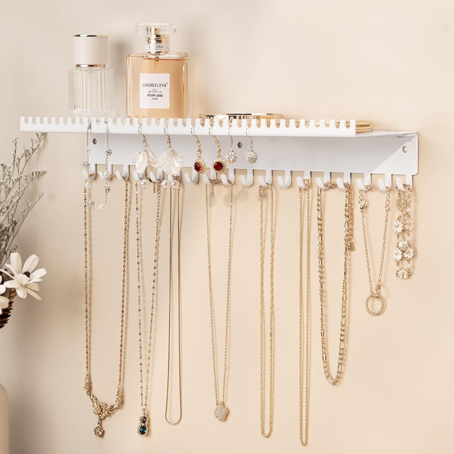 Necklace Holder Wall Hanging Organizer: Wall Mounted Jewelry Shelf with Hooks