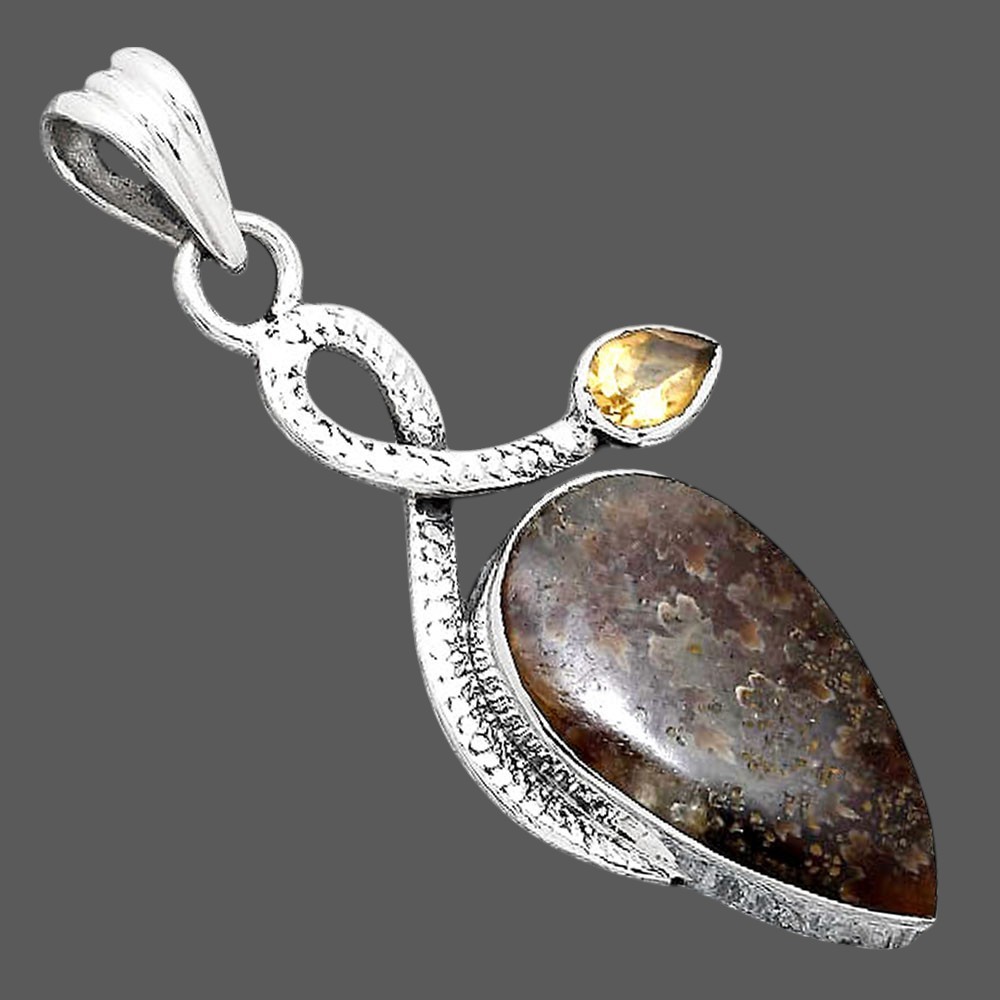 Natural Sutured Ammonite and Citrine 925 Sterling Silver Pendant Jewelry P-1111