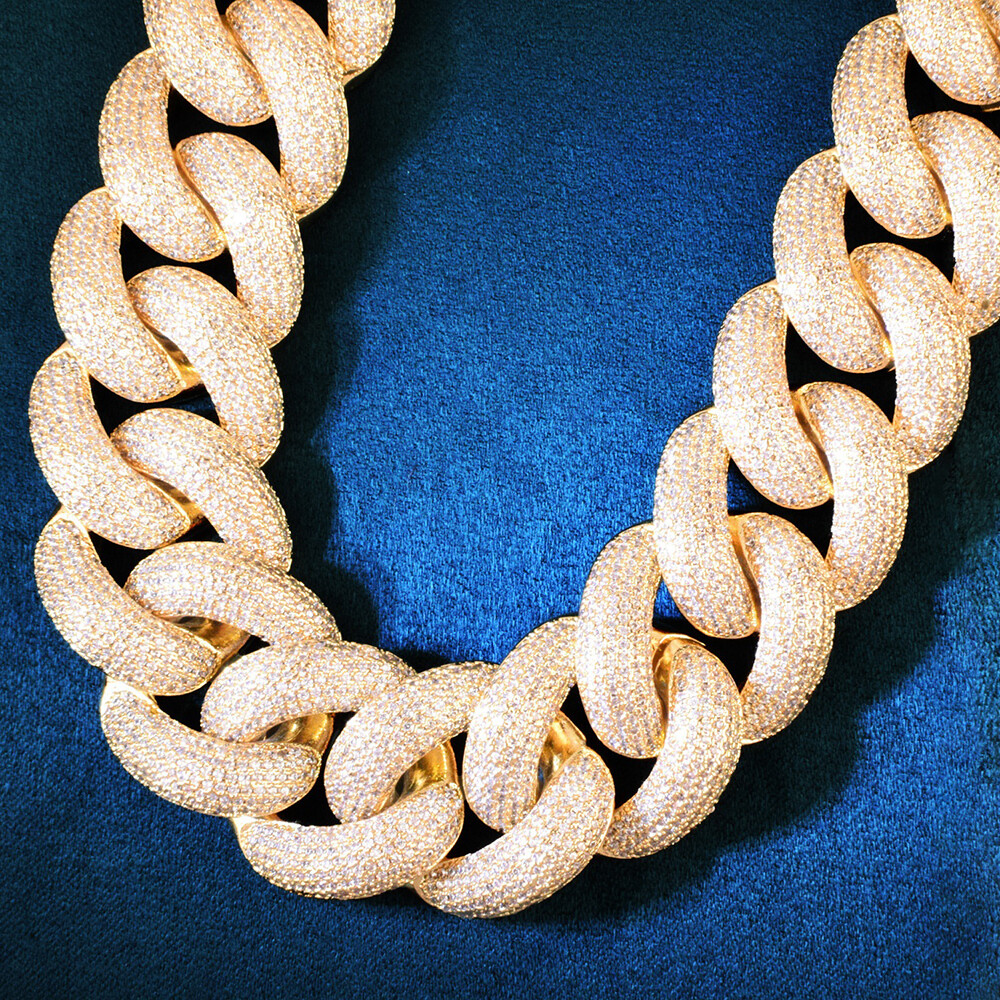 25mm Hip Hop Bubble Cuban Link Chain White CZ Stone 18K Real Gold Plated Jewelry