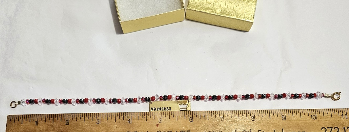 Red, Black, Crystal Beaded Anklet – with Golden PRINCESS Plaque- 10 1/2″