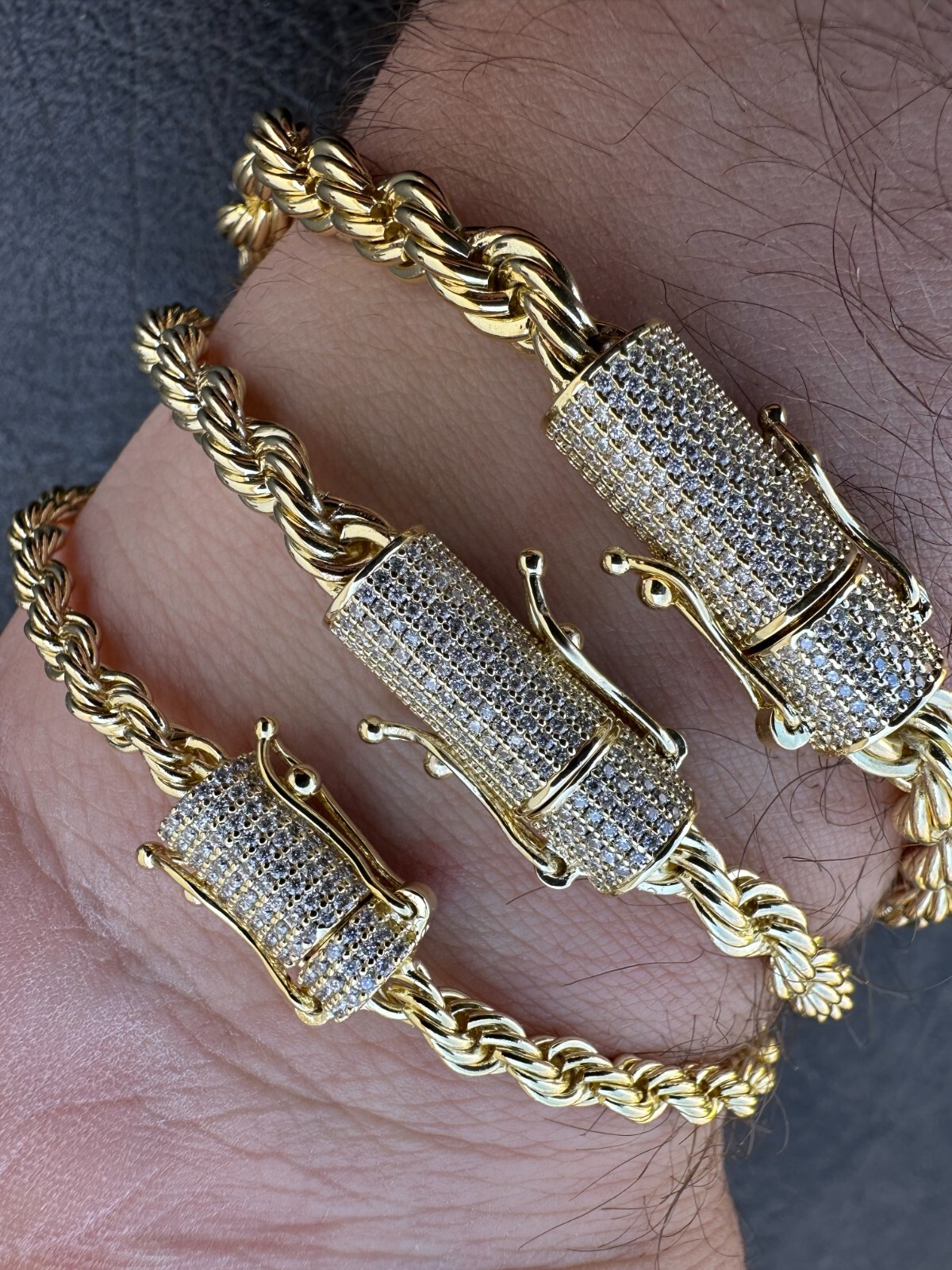 Iced MOISSANITE Clasp 14k Gold Over Stainless Rope Bracelet 4-6mm Pass Tester ✅