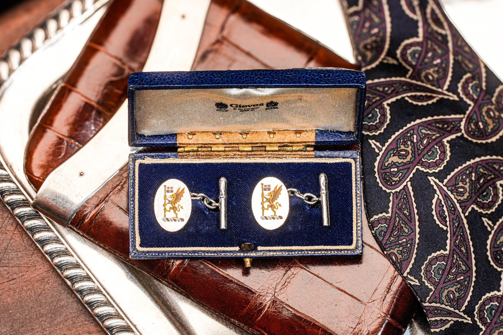 Striking Hand Painted Enamel Sterling Silver Antique English Cufflinks Armorial