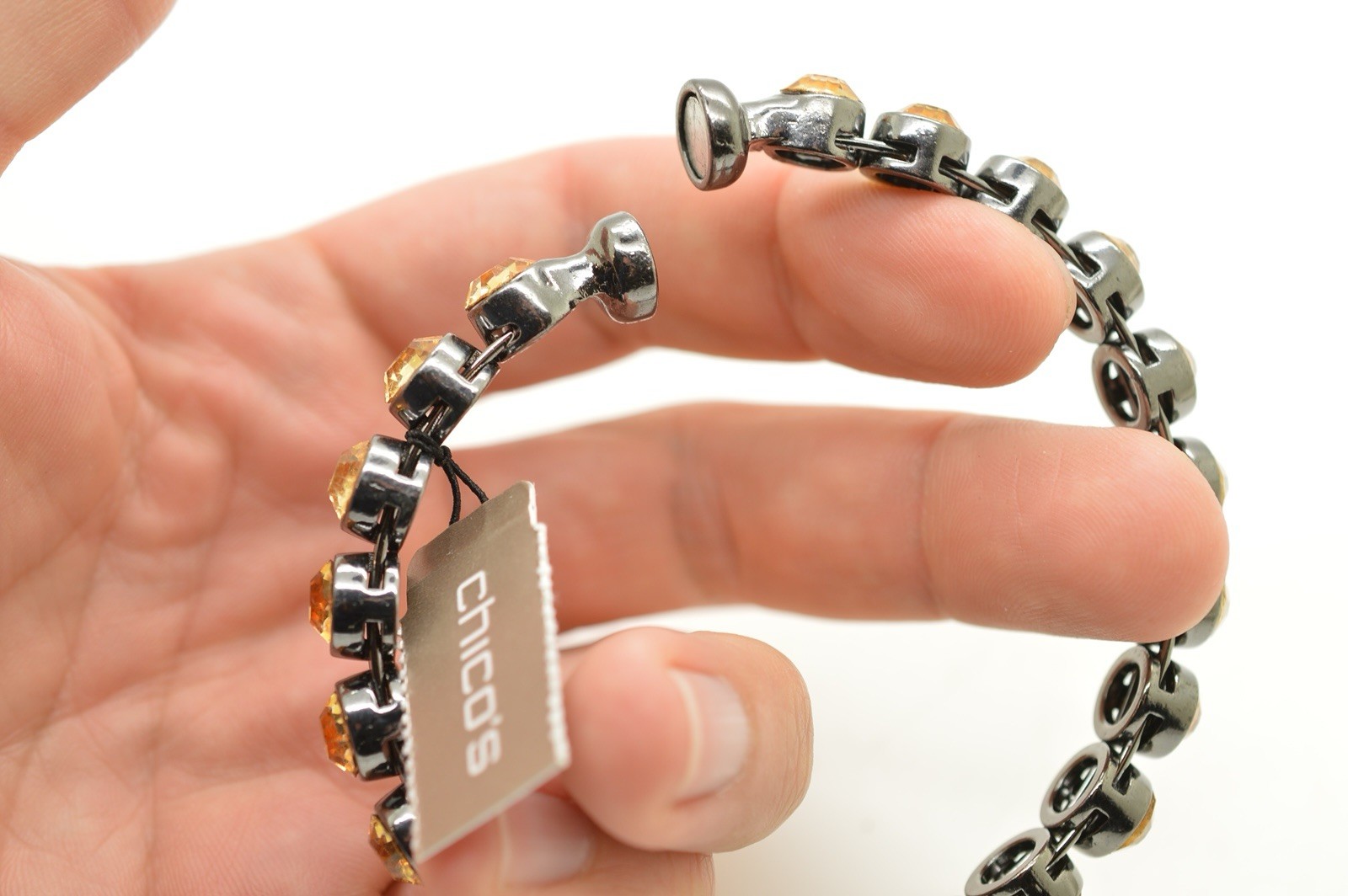 Chico’s NWT Topaz Rhinestone Black Metal “Lindy” Magnetic Clasp Bracelet