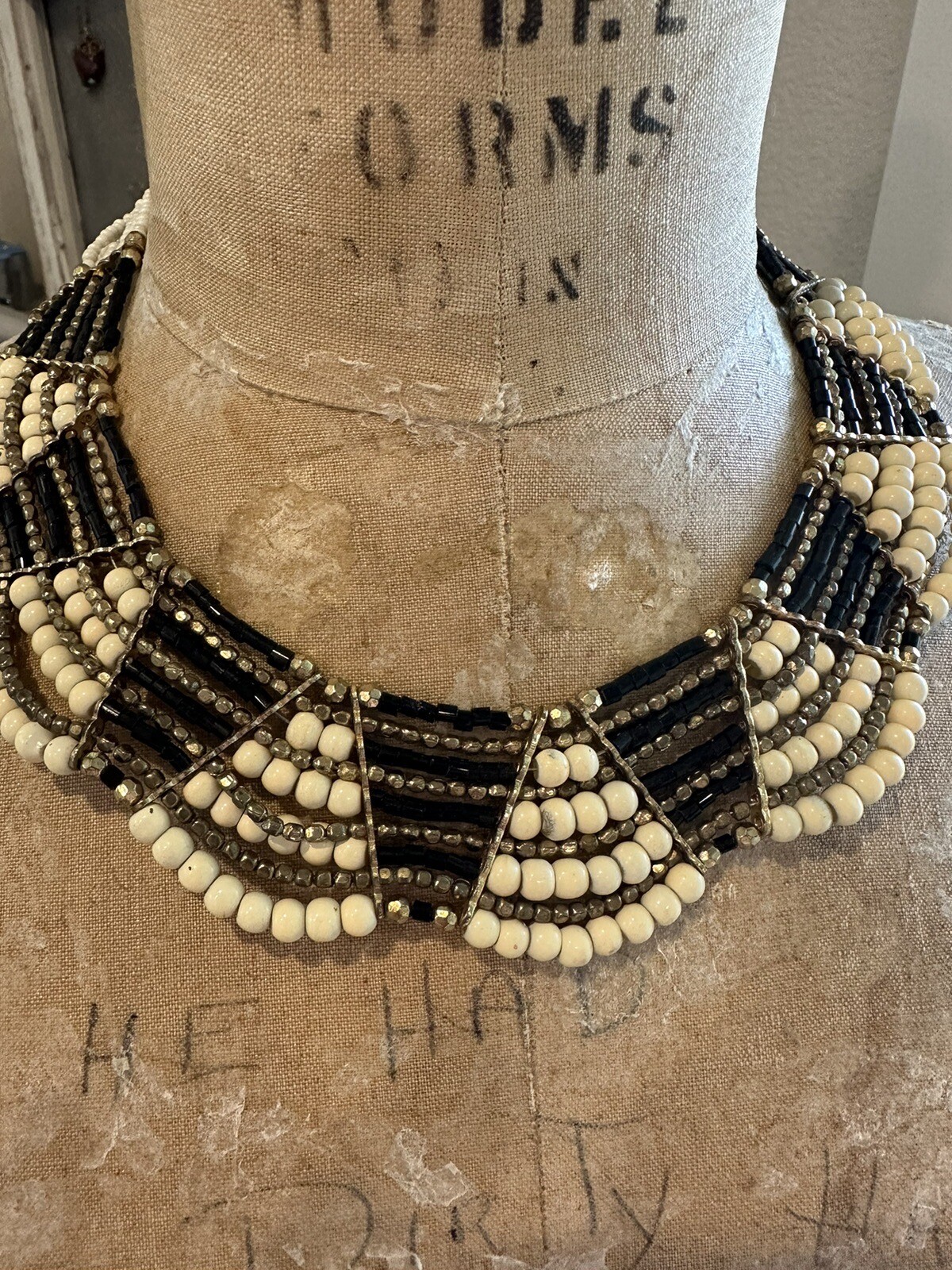 Multi-Strand Beaded Choker Bib Necklace Boho Tribal Black Cream Gold Festival