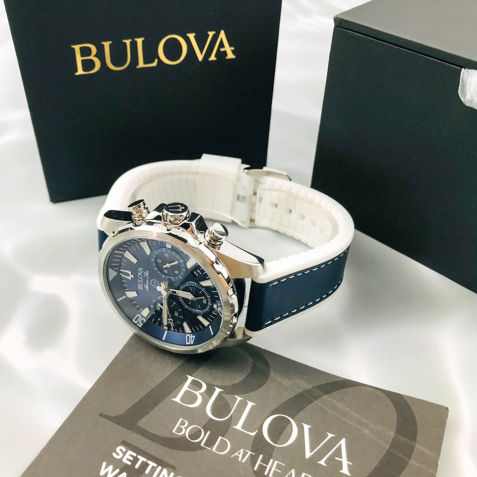 Bulova Marine Star 96B287 Blue Dial Chrono Silicone Strap Mens Quartz Watch 43mm