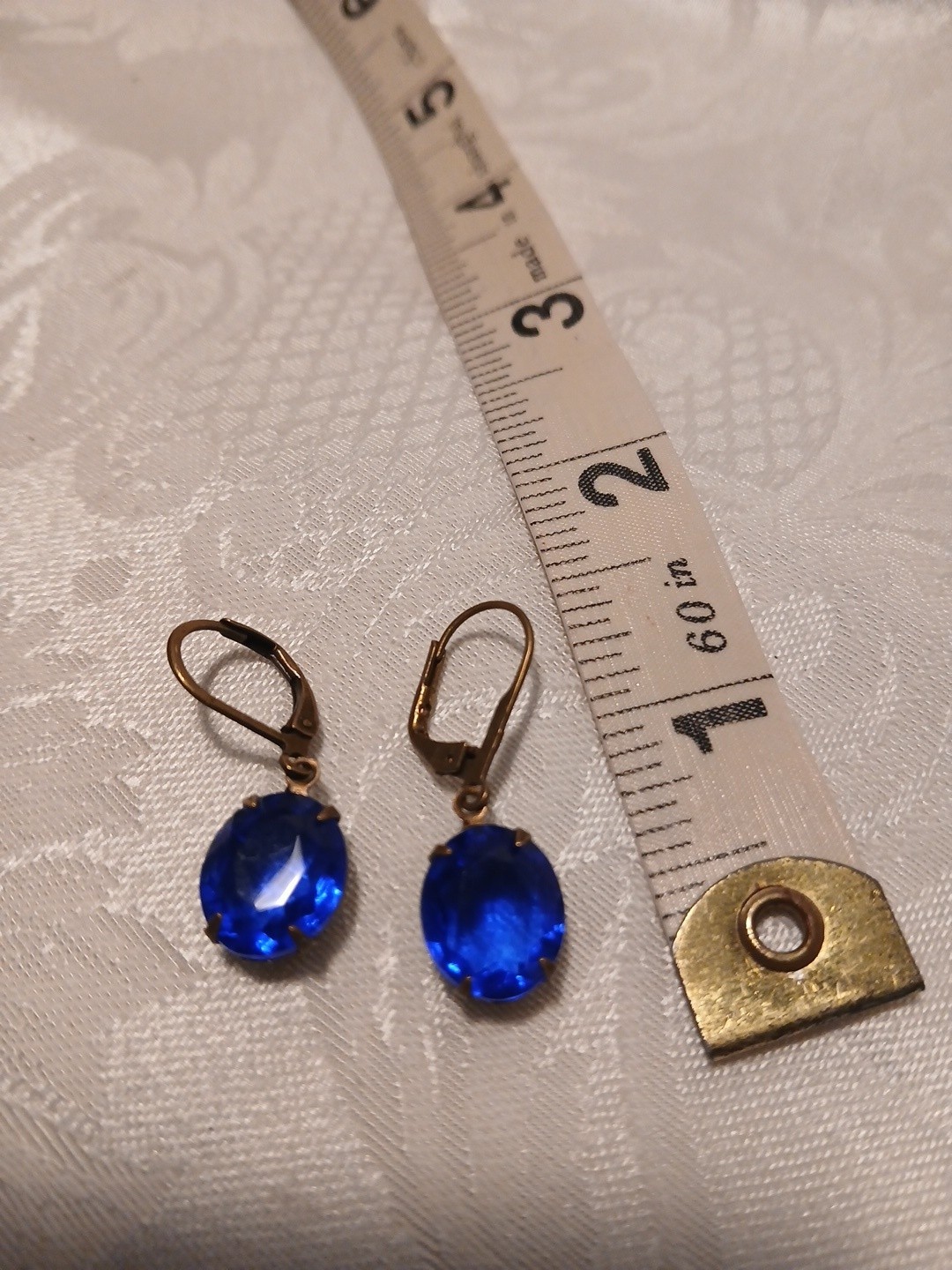 Vintage Cobalt Blue Faceted Glass Dangle Earrings, Brass Metal Prong, 1″