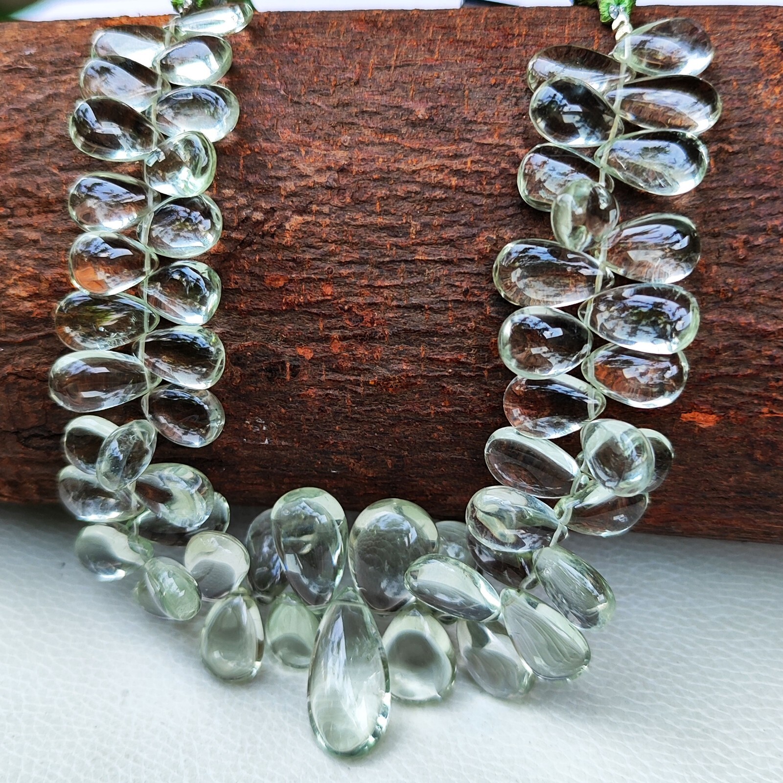 Natural Green Amethyst Prasiolite Gems 12×7 to 13x8mm Smooth Pear Shape Beads 9″