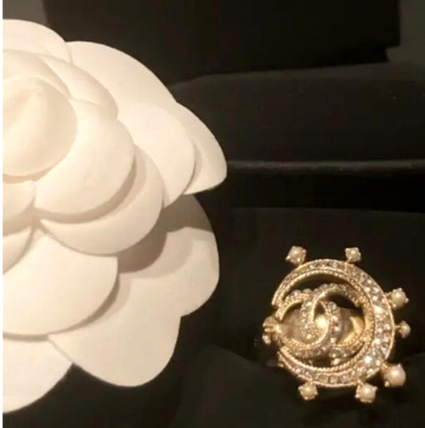 CHANEL Ring Moon Coco Mark Gold Tone Rhinestone US6-6.25 15C Excellent Condition