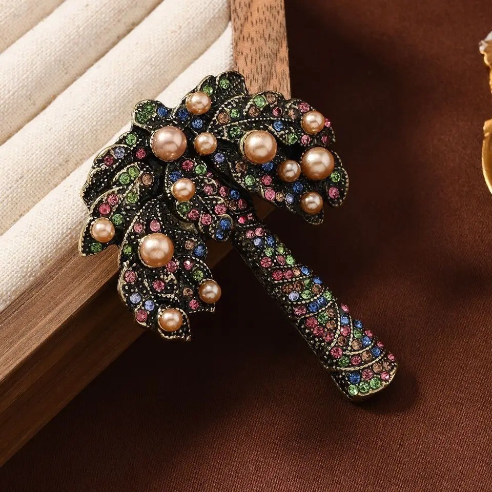 Baroque Palm Tree Brooch Crystal Rhinestone Coconut Pin Jewelry Gift Unisex