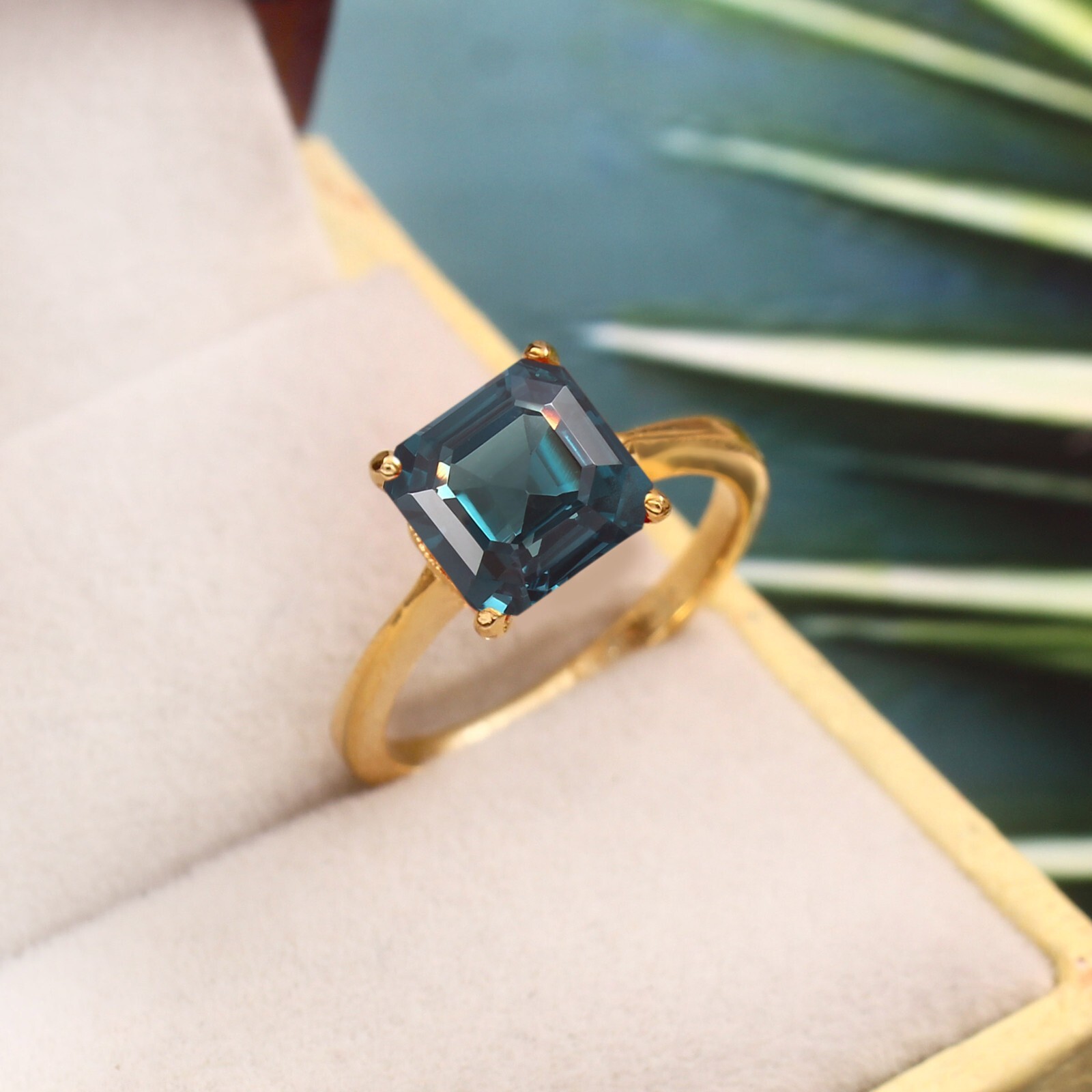 Asscher Green Indicolite Tourmaline Ring Genuine Gemstone Ring Wedding Ring