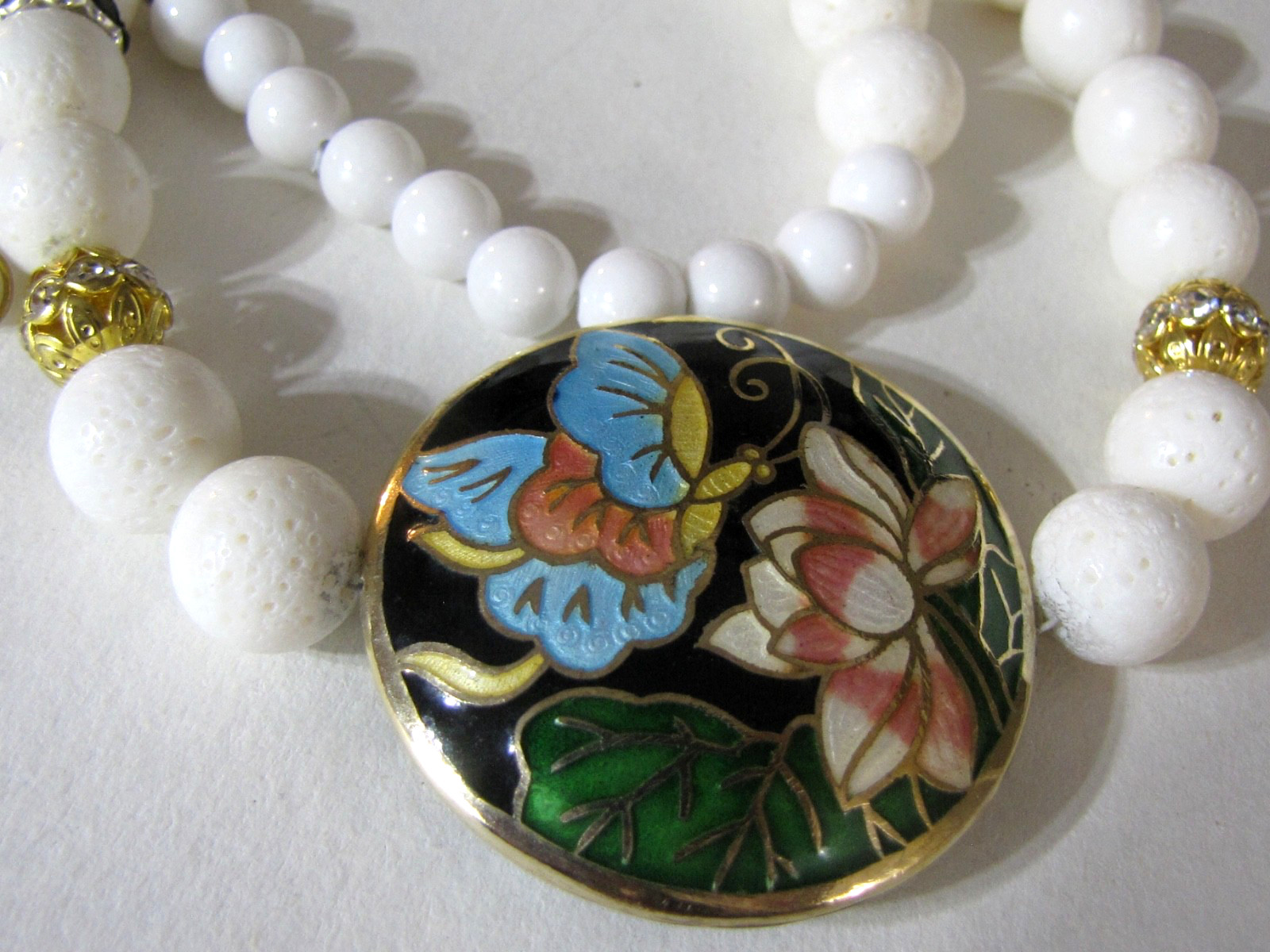 Vintage Cloisonné Butterfly Lotus Pendant Necklace White Sponge Coral Glass Bead