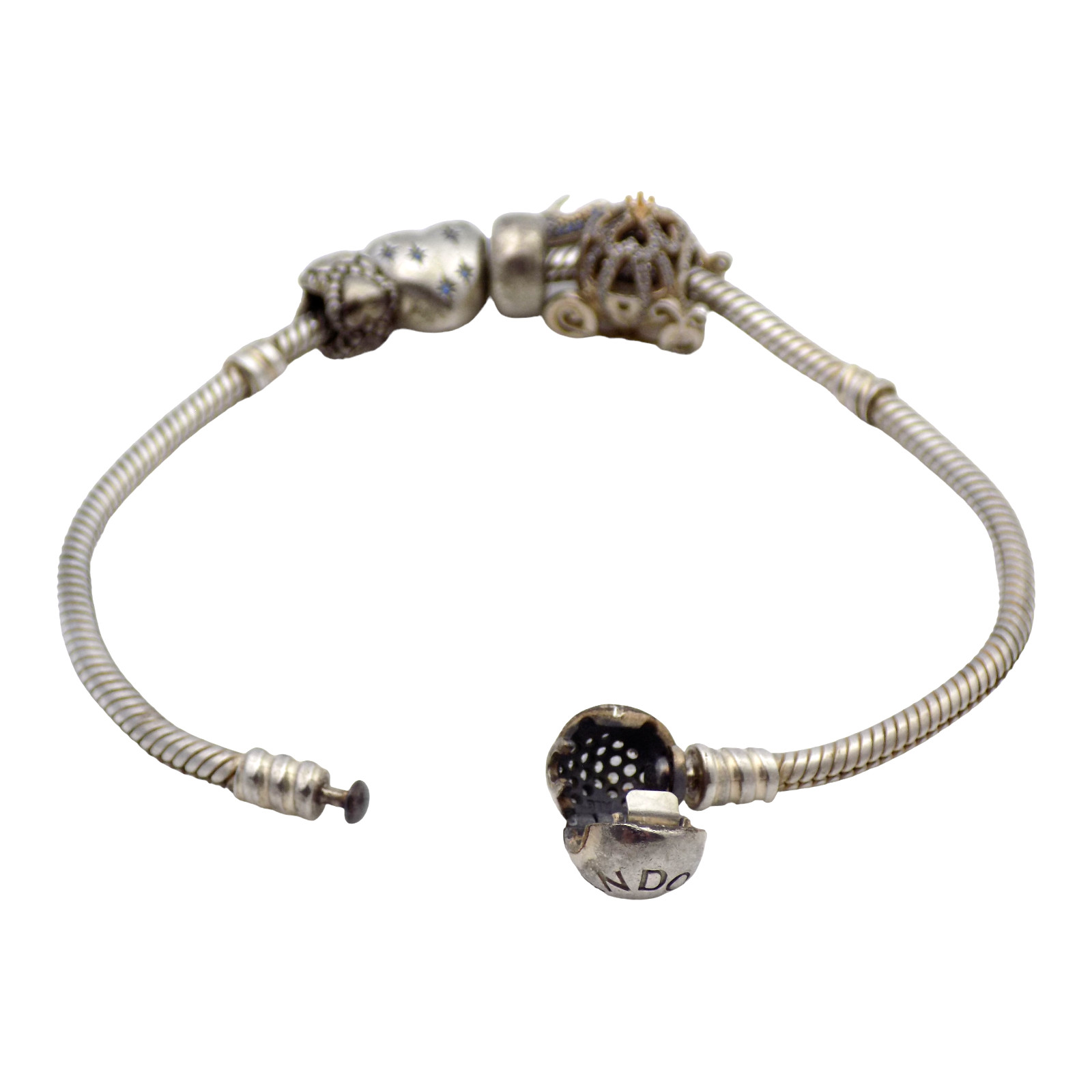PANDORA STERLING SILVER 8″ CHARM 3MM BRACELET W 4 CHARMS 26GR #4239