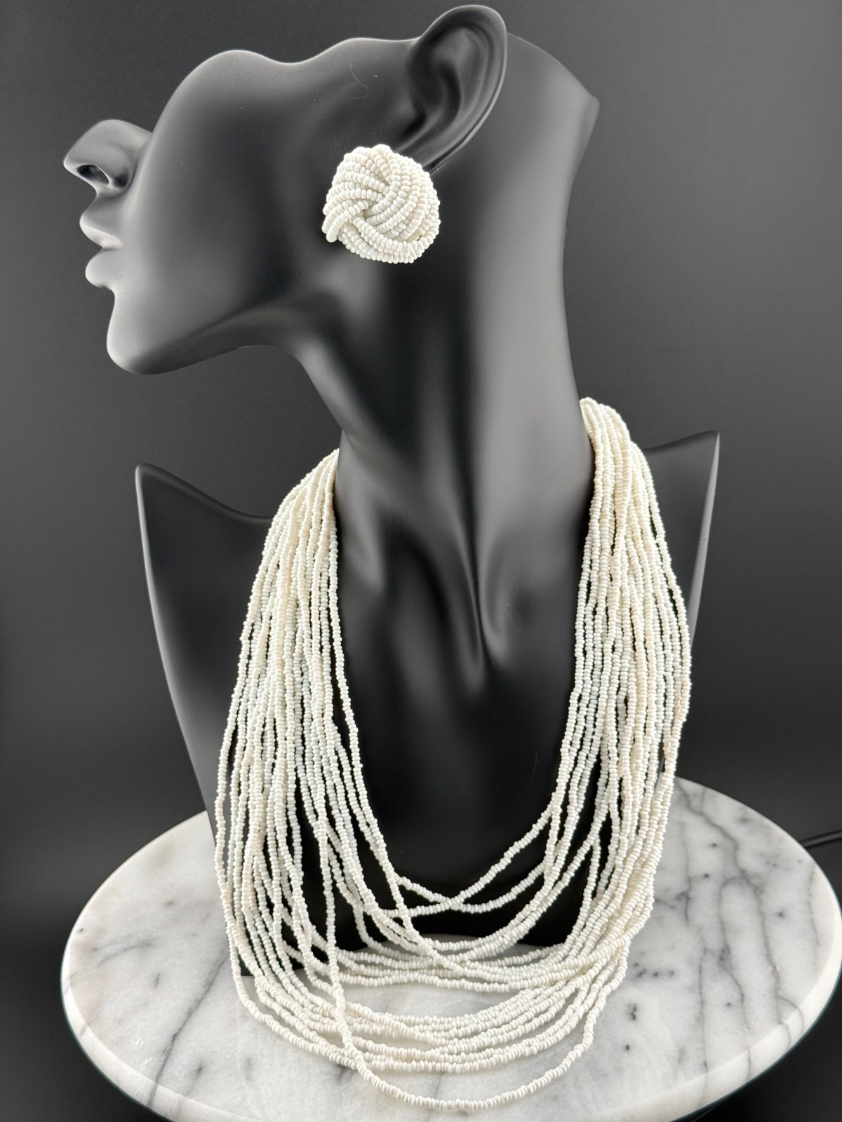 Vintage White Seed Bead Multi-Strand Statement Necklace and Clip-On Earrings