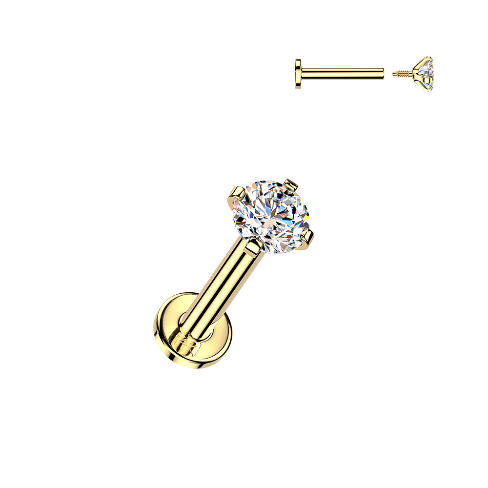 14K Gold Internally Threaded Flat Base Labret With Prong Set Lab-Grown Diamond