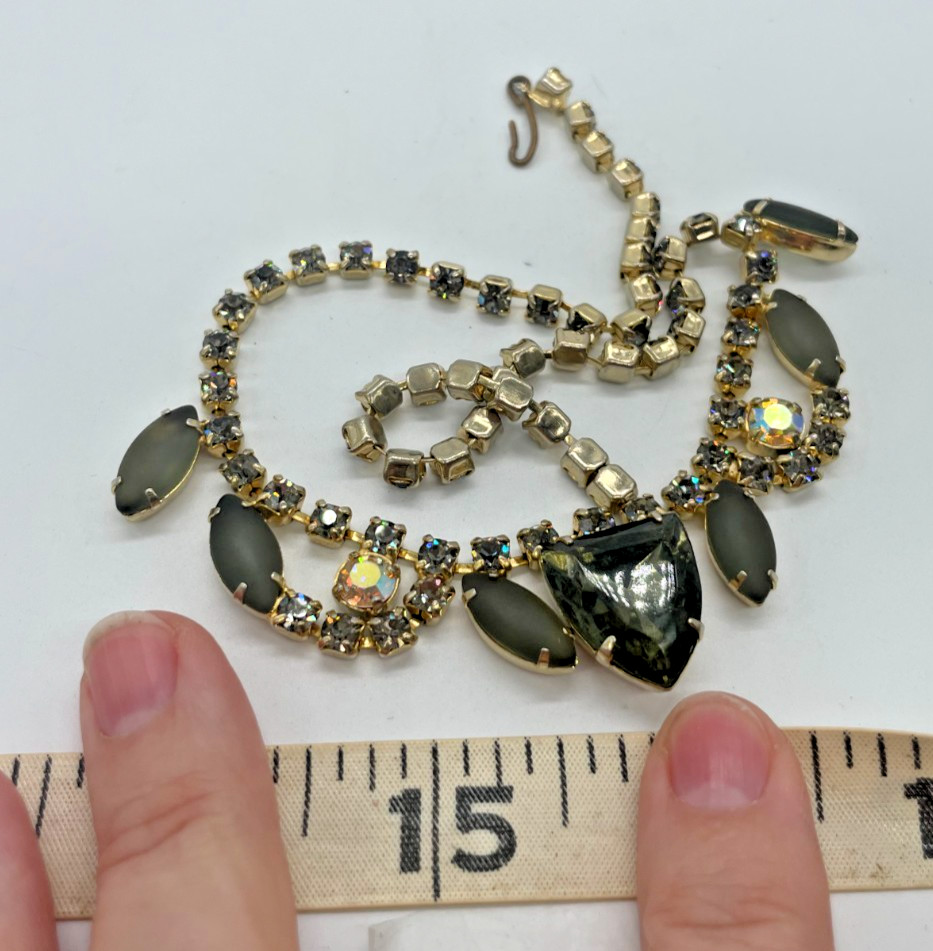 VTG Juliana style Frosted Green open back glass AB rhinestone choker Necklace