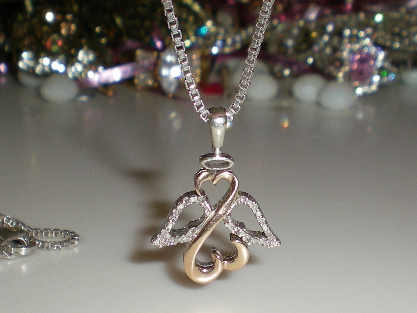 Jane Seymour Open Hearts 1/20ct SS 10K Rose Gold ANGEL Diamond Necklace KAY BOX