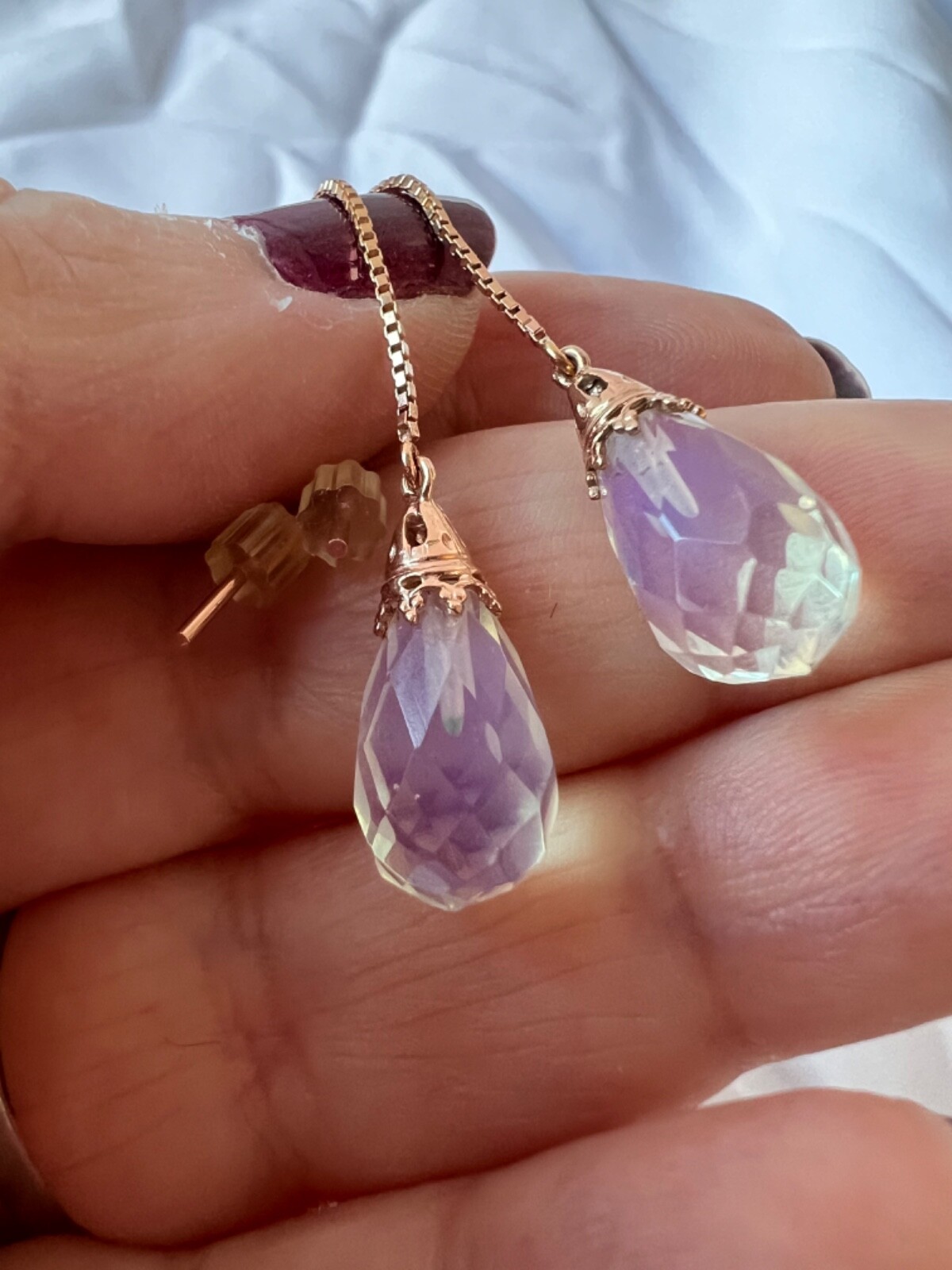 14K PINK ROSE GOLD MOONSTONE THREADER PULL THROUGH CHAIN DANGLE DROP EARRINGS