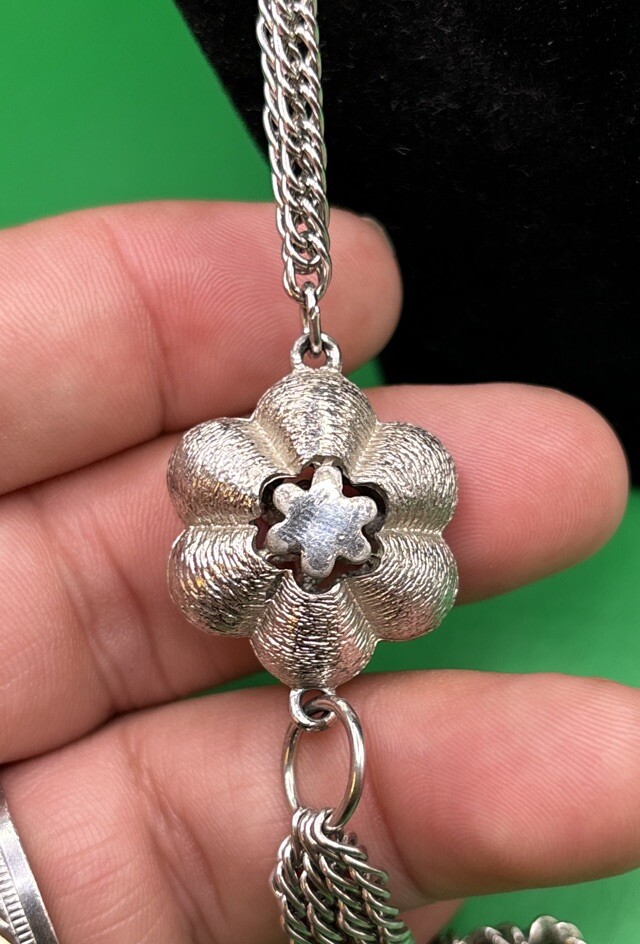 Vintage ROGET Silver Tone Multi Strand Necklace Lovely Flower Accents