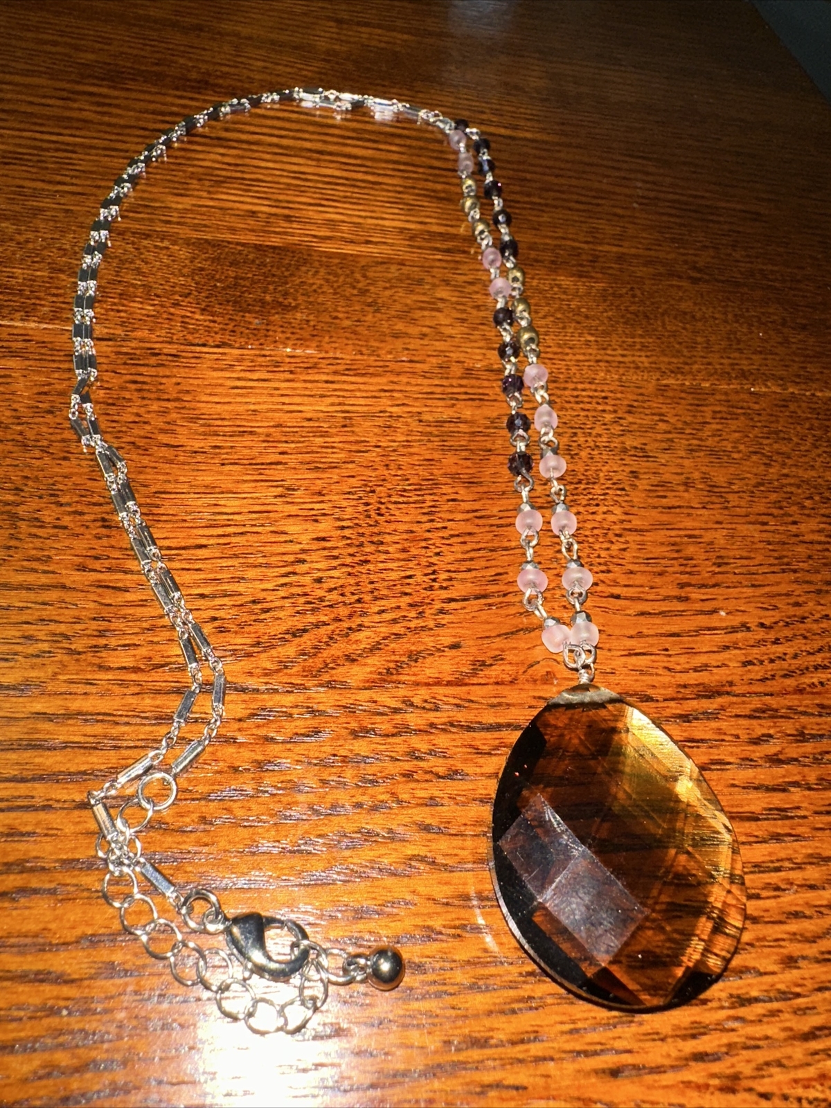 Vintage Smoky Crystal Teardrop Pendant Stainless Steel Asymmetrical Glass Beads
