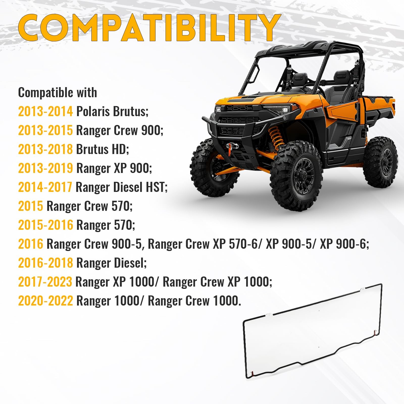 Kuafu Clear Rear Windshield Window Compatible 2013-2023 Polaris Ranger 900/1000