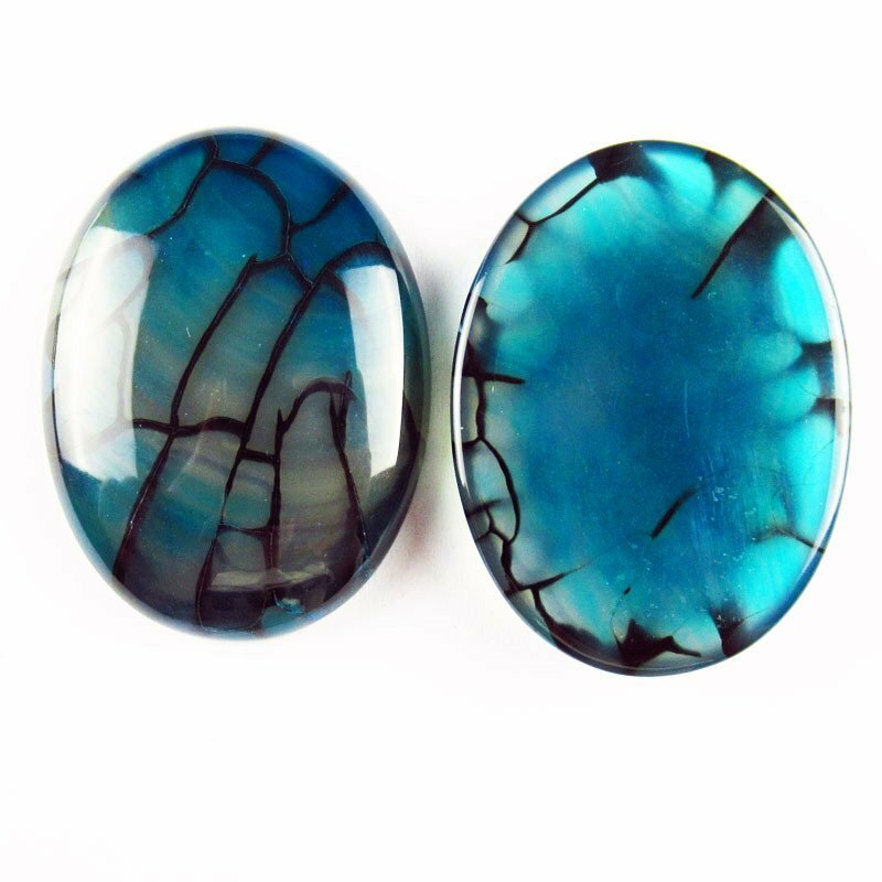 32g 40x30x7mm 2Pcs Blue Black Dragon Veins Agate Oval Cab Cabochon YJWW249