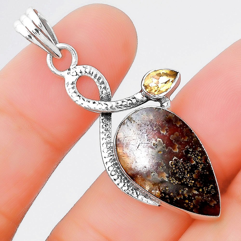 Natural Sutured Ammonite and Citrine 925 Sterling Silver Pendant Jewelry P-1111