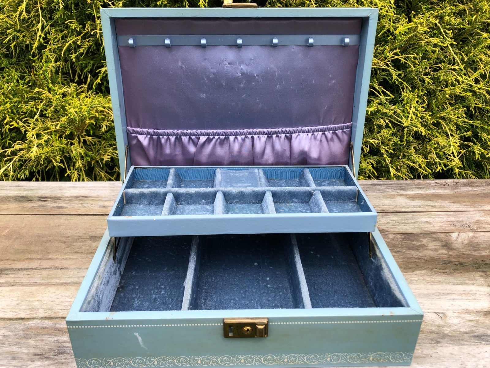 MELE Vintage Jewelry Box Blue with White Filigree Design Along Edges