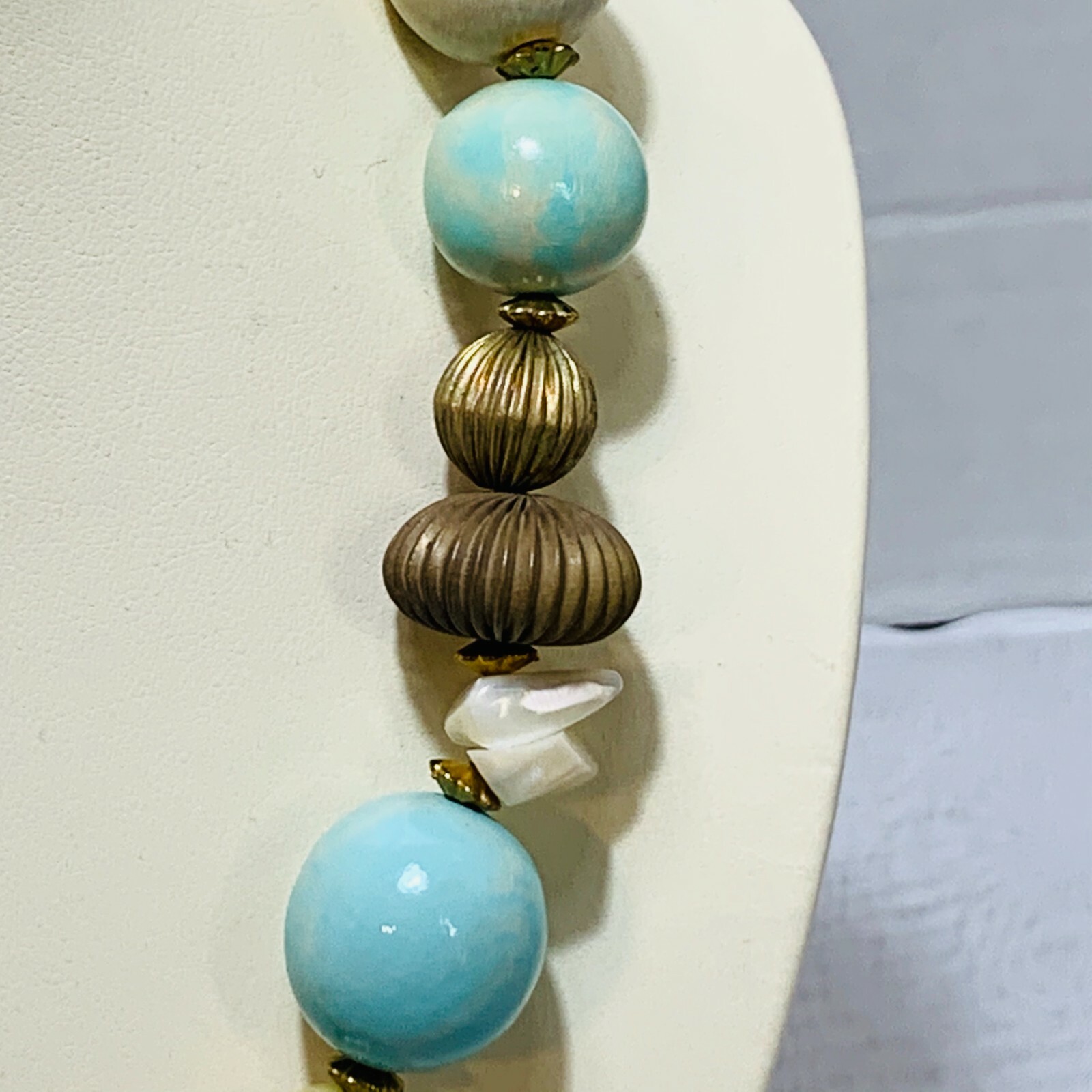 Vintage Designed By Paula Faux Necklace wood, plastic, metal & stone teal bronze