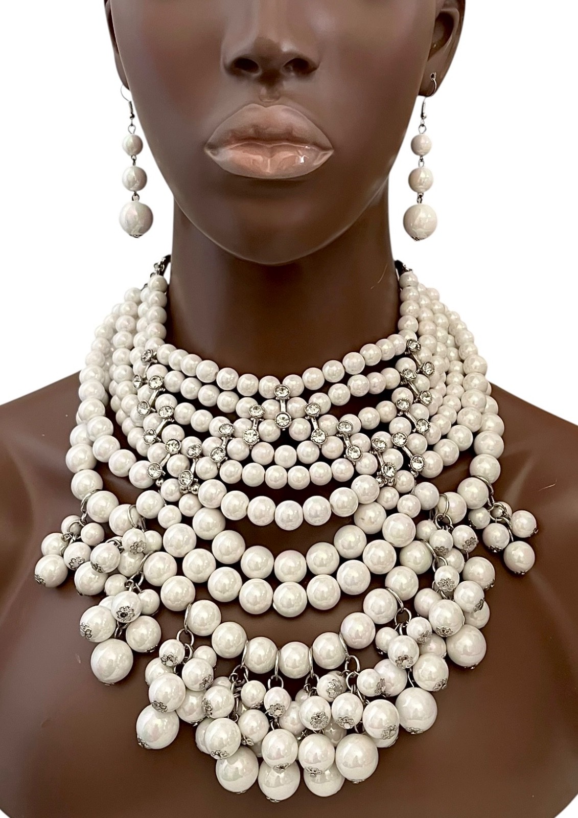 White Beads Clear Crystal Statement Burlesque Inspired Bib Necklace Earrings Set