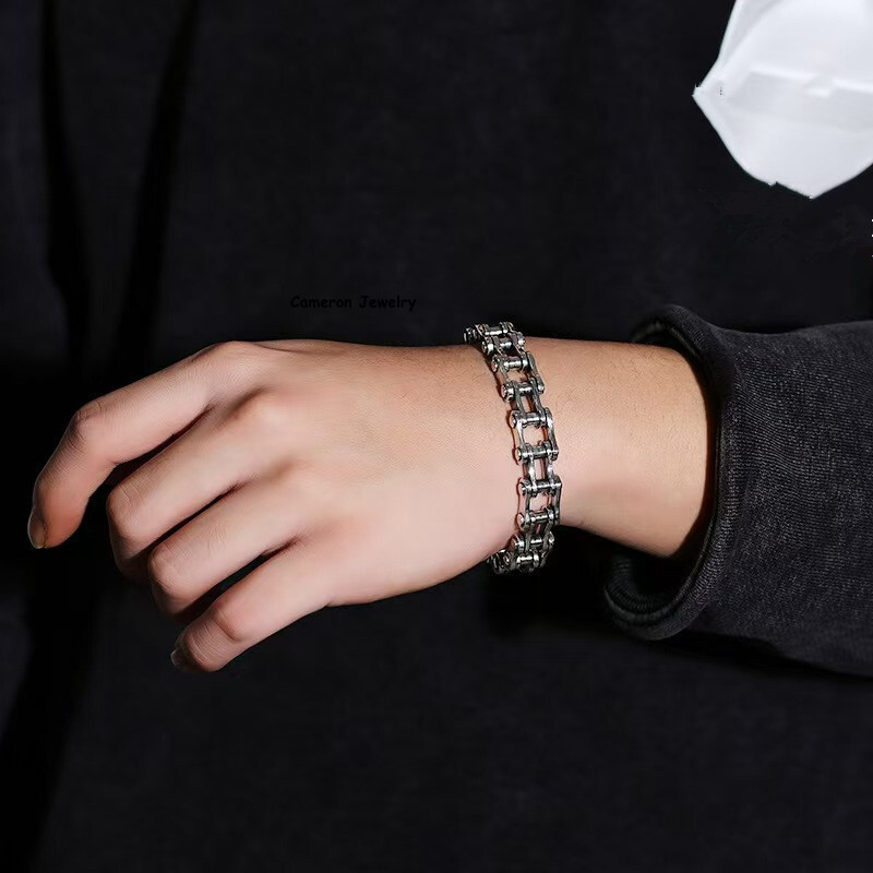 Solid S925 Sterling Silver Bracelet 10m13mm Punk Bike Link Chain 7.5-8.7in