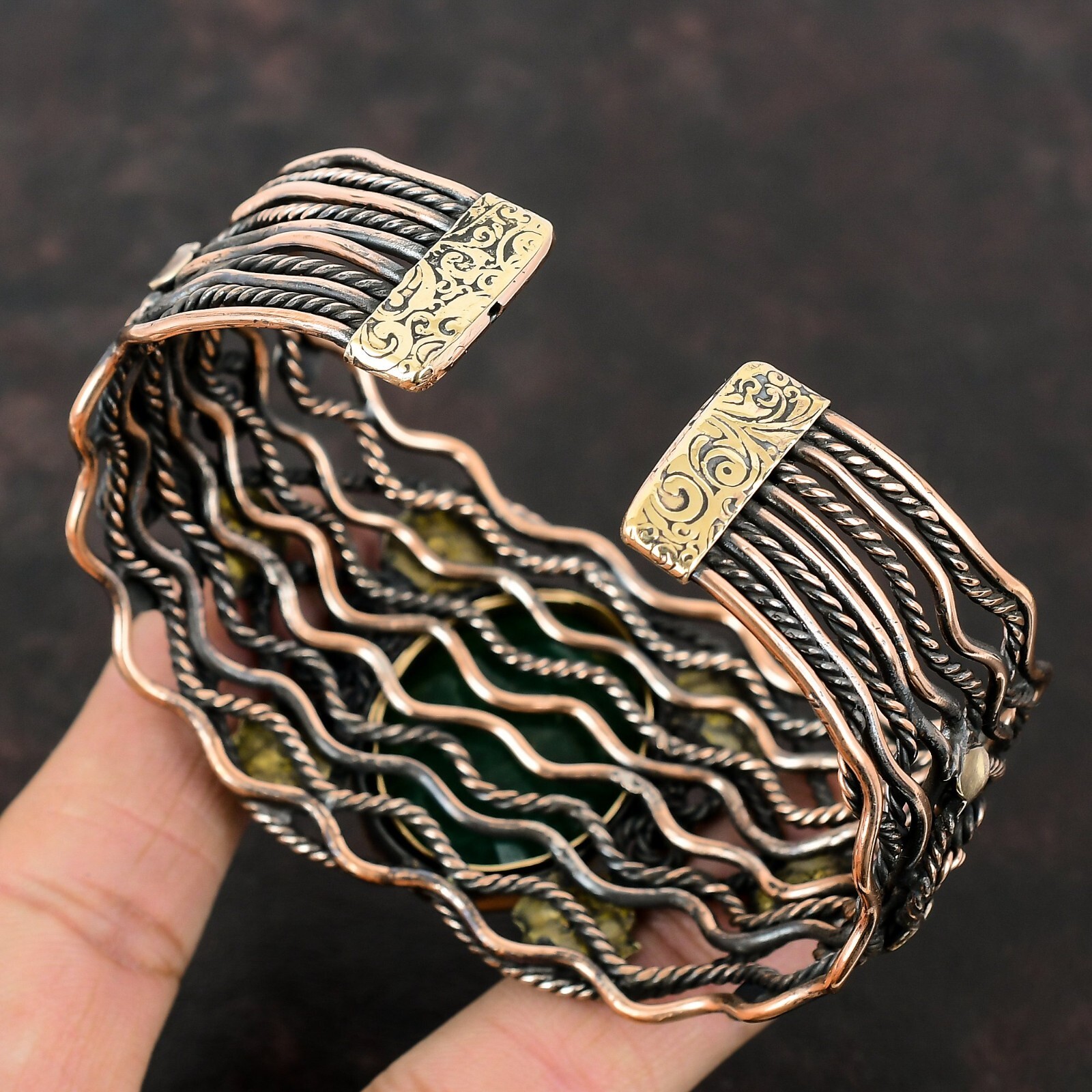 Womens day Sale Zambian Emrald Stone Wire Wrapped Flower Bangle Jewelry Copper