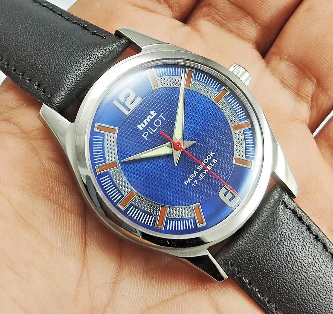 HMT Pilot Blue Dial 17 Jewels Hand winding Transparent Back Men’s Wrist Watch