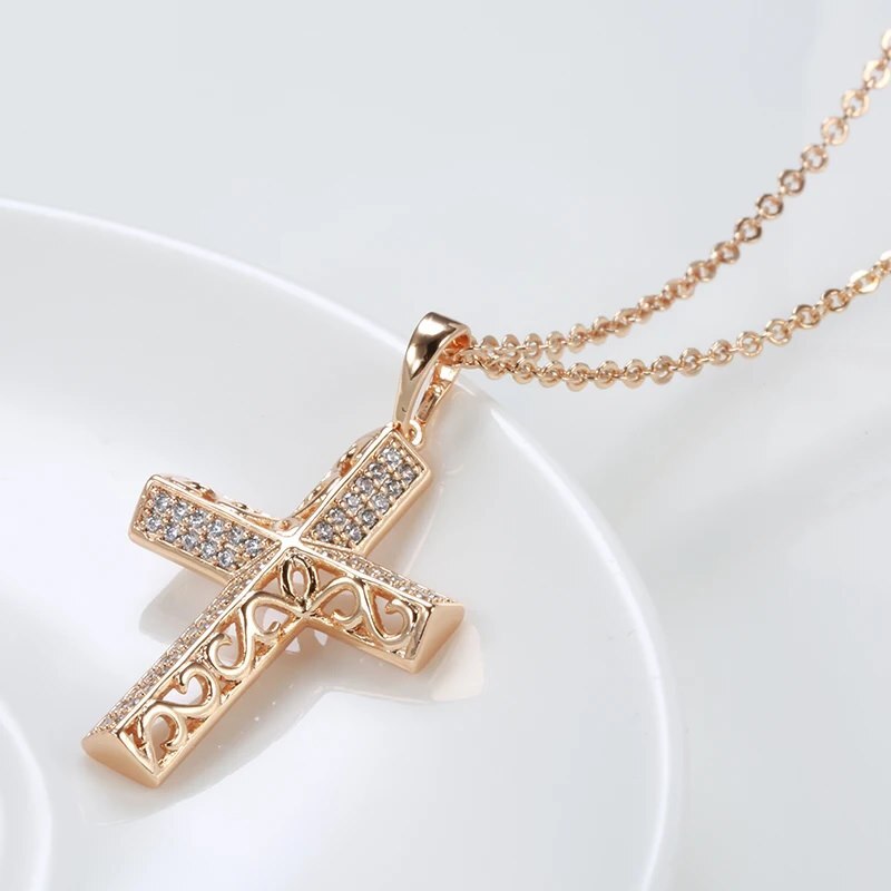 Luxury Cross Necklace Pendant 585 RG Rose Gold Rose Gold with Zircon 45cm +5cm