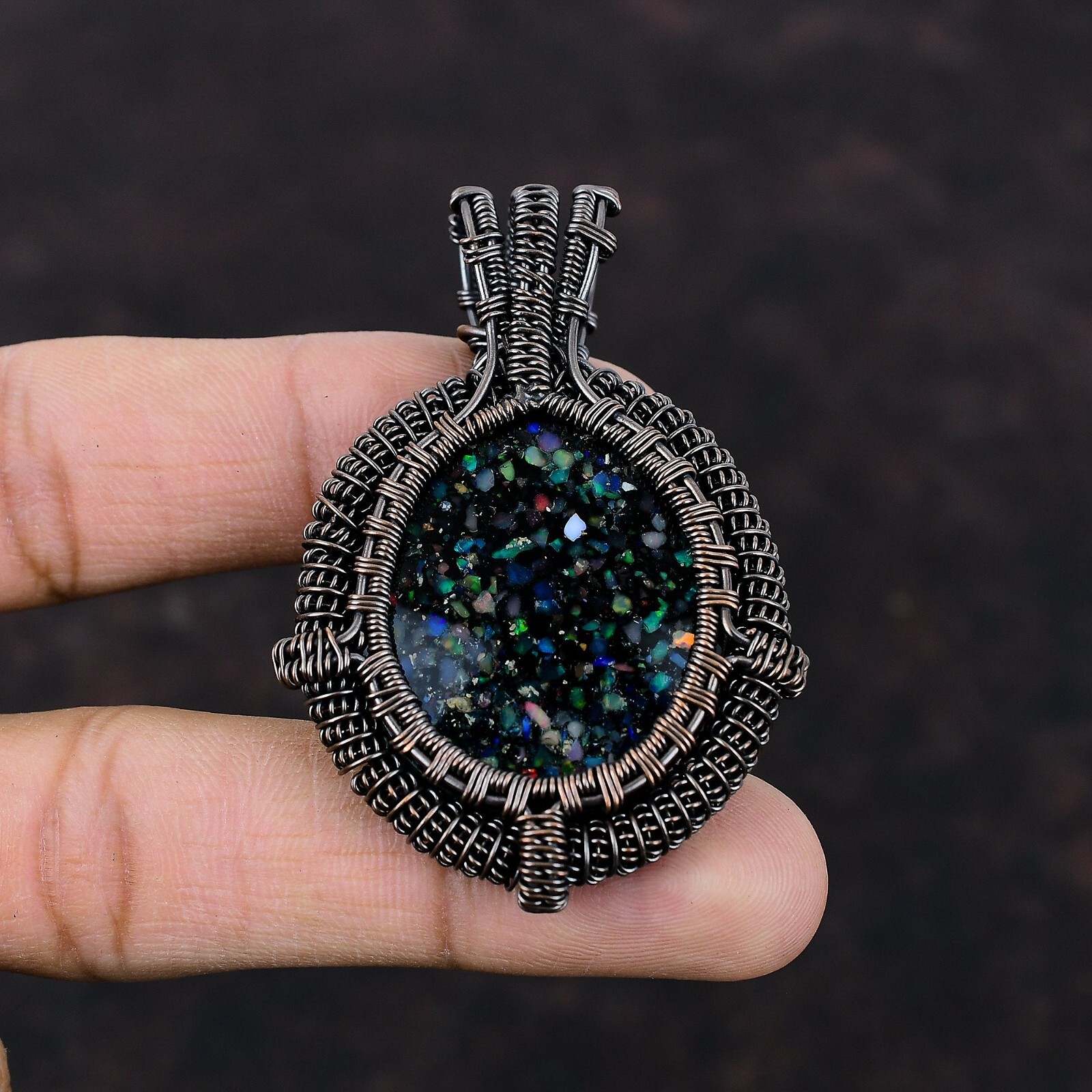 Black Ethiopian Opal Jewelry Copper Gift For Mom Wire Wrapped Pendant 2.56″
