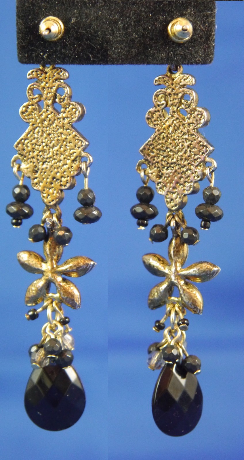 Victorian Boho Mix Faceted Glass, Plastic Metal Dangle Post Earrings 3.25″ Drop