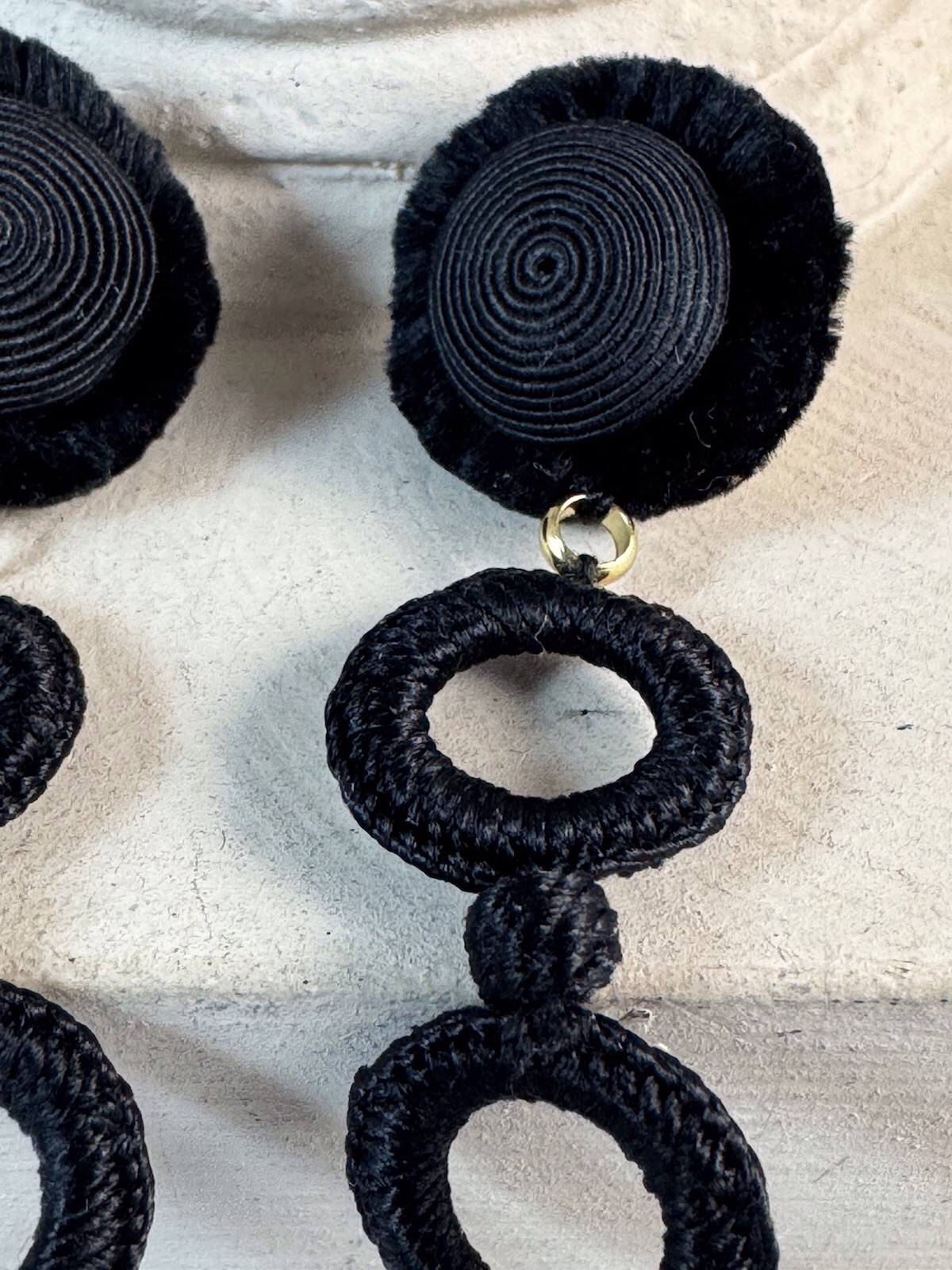 LEYLA GANS Gold Tone Amelie Wrapped Cord Drop Earrings ~ Black silk cord~Pierced