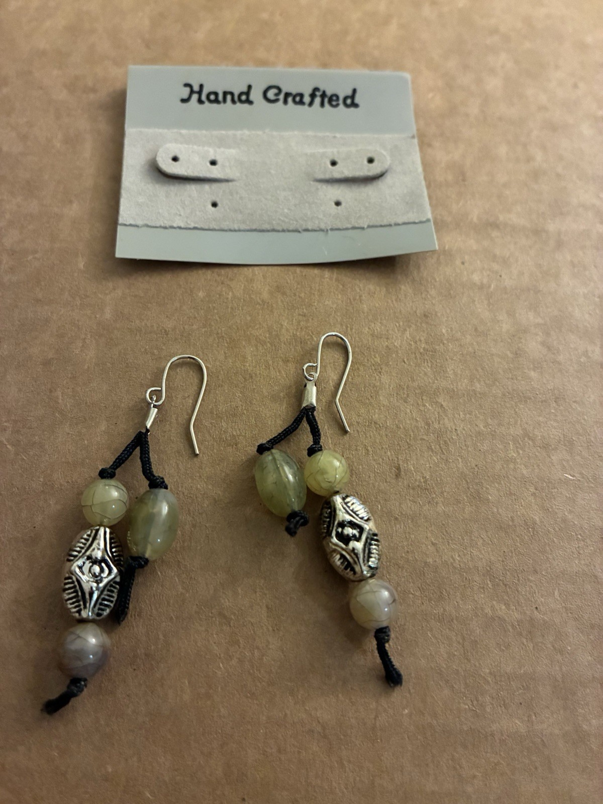 Handcrafted Green Round Stone Beaded Dangle Earrings Silver Tone Hook Closure
