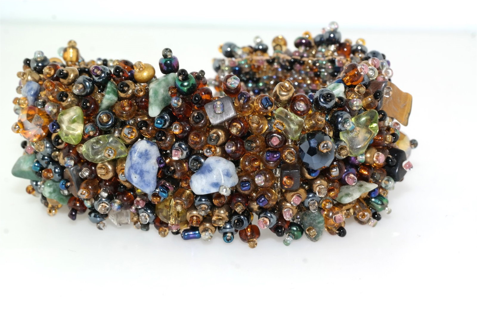 Woven Micro Bead Chunk Stone Faceted Crystal Mesh Bracelet Earth Tones