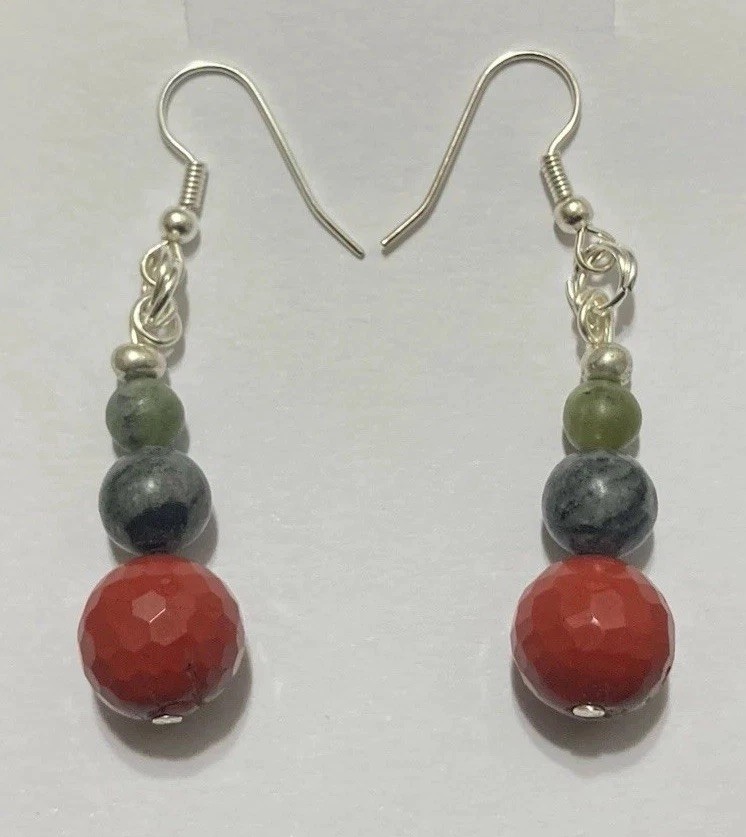 Green Red Black Jade Jasper Silver Handmade Hook Drop Gemstone Beaded Earrings
