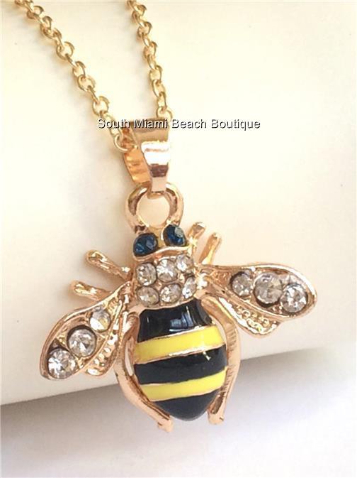 Gold Bumble Bee Necklace 18″ Crystal Insect Queen Bea Plated USA Seller