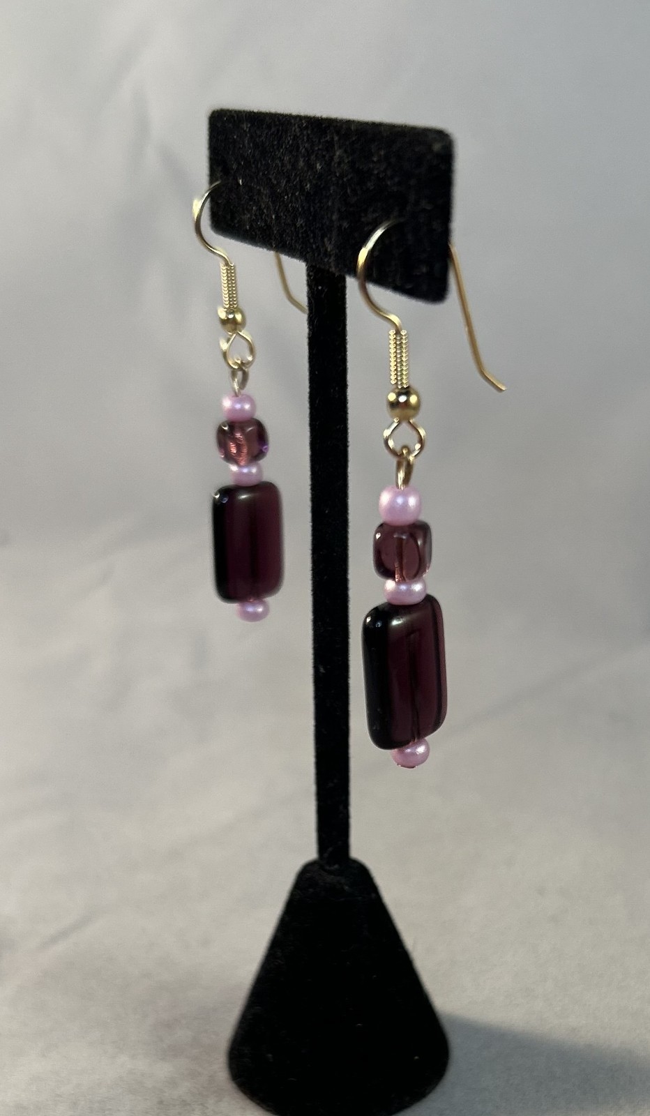 Vintage 80’s Purple Amethyst Glass Bead Llilac Pearl Drop Gold Toned Earrings