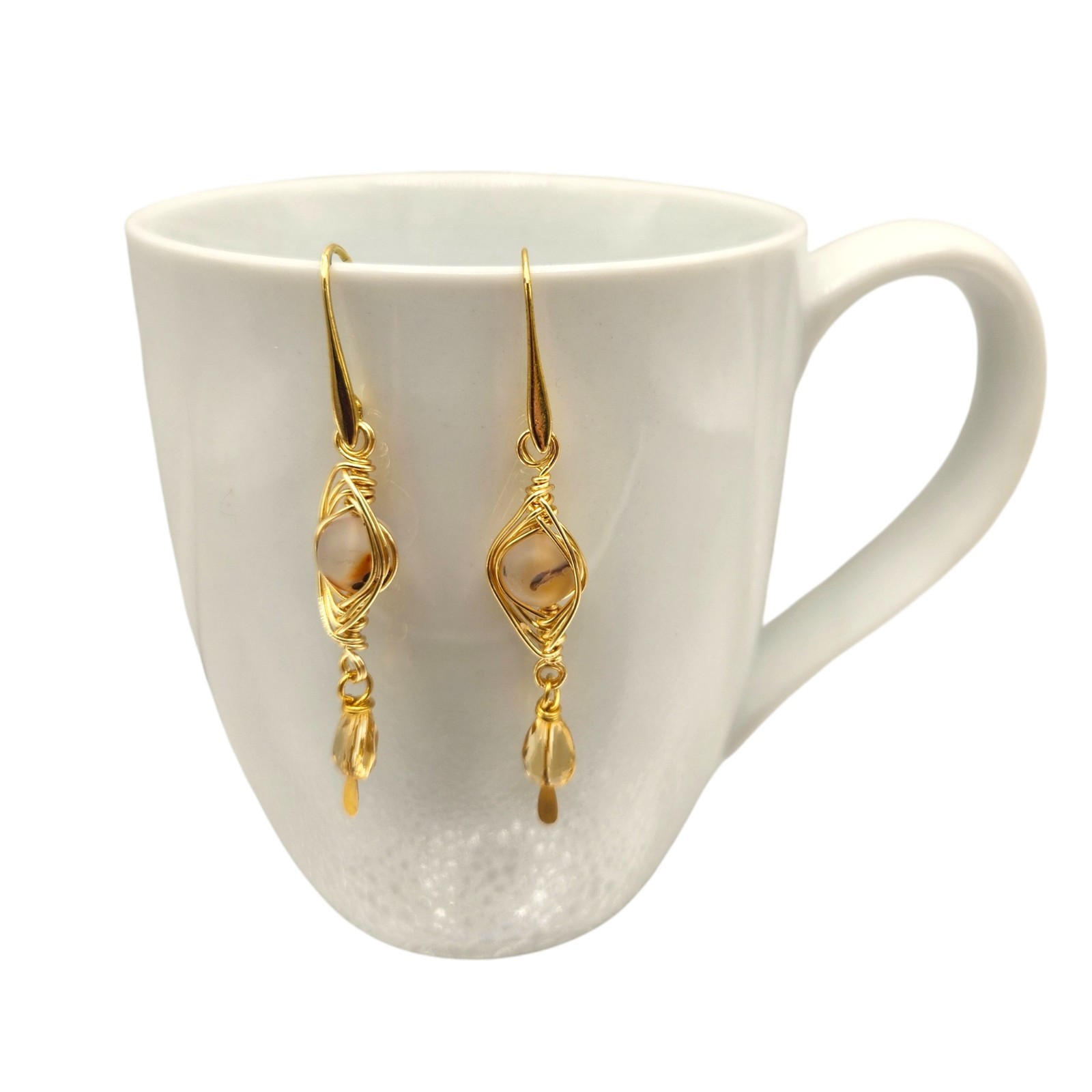 Handmade Stone Herringbone Wire Wrapped Dangle Earrings Gold Silver Bronze