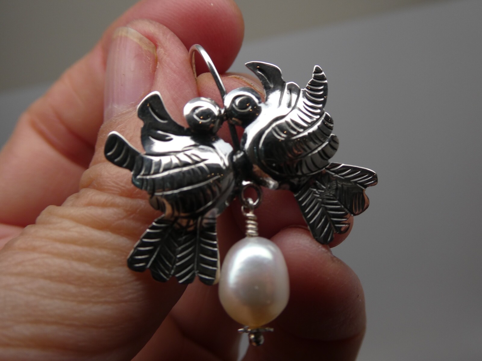 Love Bird Taxco Mexico Sterling Silver 925 & Pearl Frida Kahlo Style Earrings