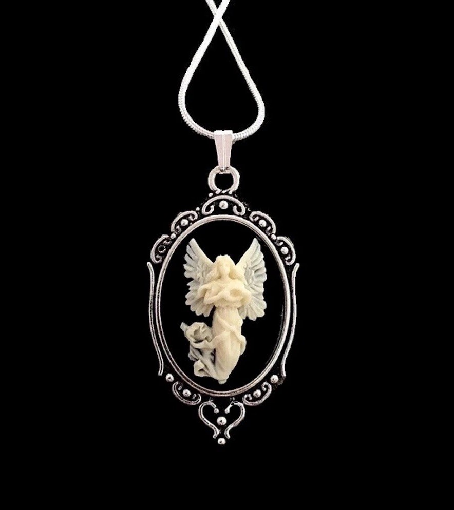 Vintage Guardian Angel Cameo Necklace, Ivory & Black, Sterling Silver Chain