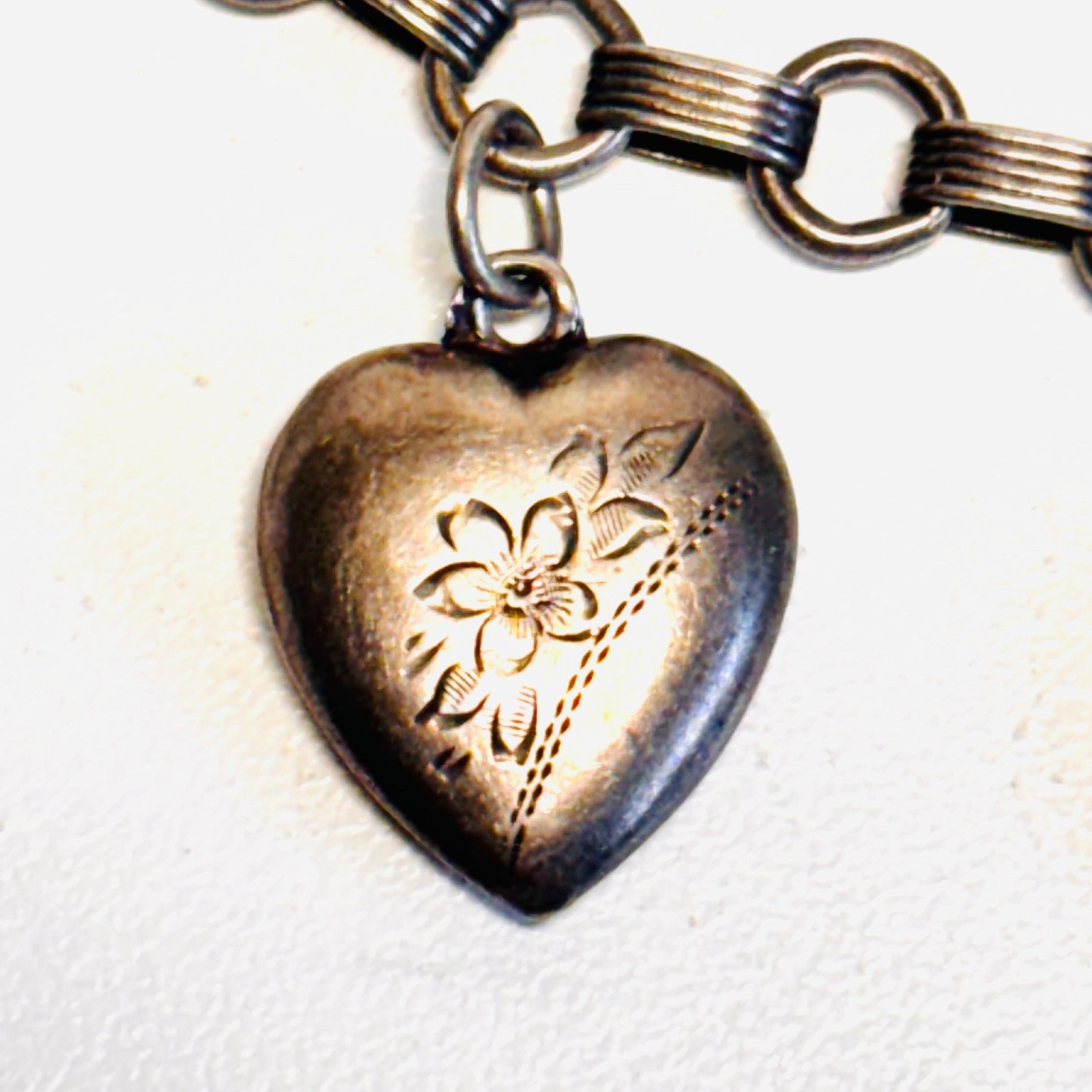 WALTER LAMPL Sterling silver bracelet puffy heart charm lock engraved vint 14.9g