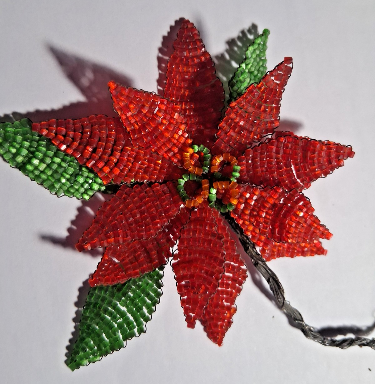 Vintage Poinsettia Flower Seed Beads Red Green Handmade 3D